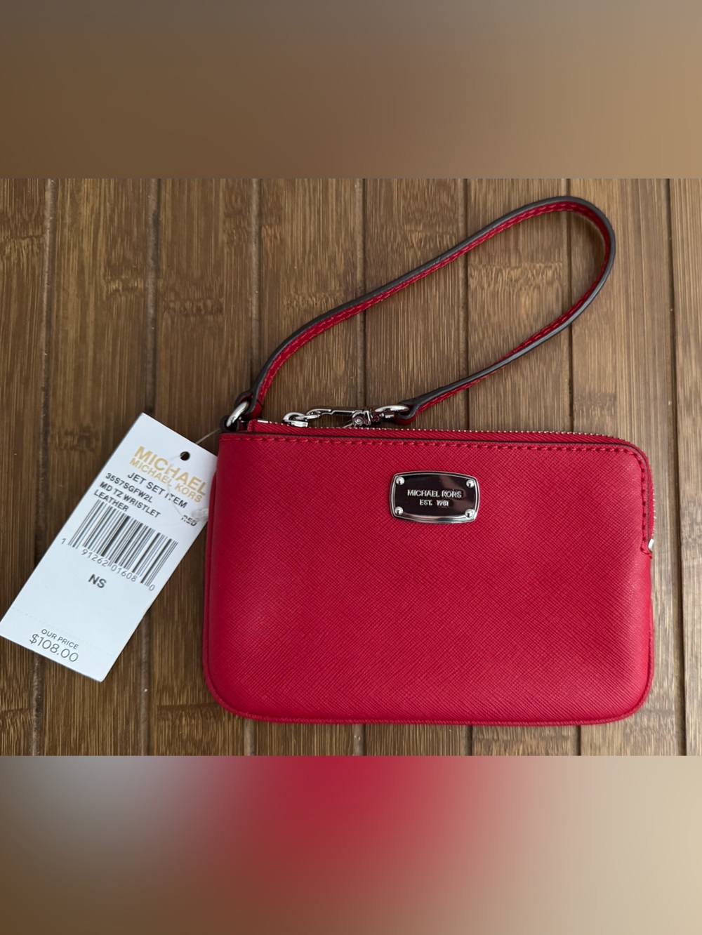 Michael Kors Red Saffiano Zip Wristlet with Metal Logo Plaque